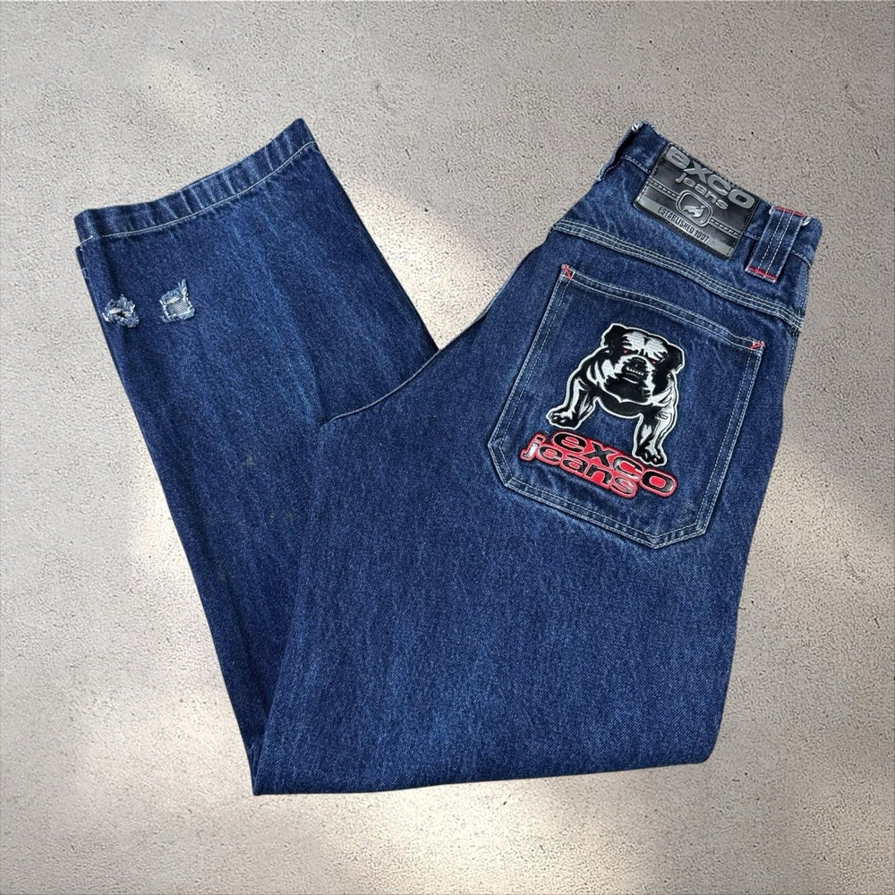 Y2K Exco Jeans Fits 29x30 Bulldog Patch Baggy Wide Leg Skater Grunge